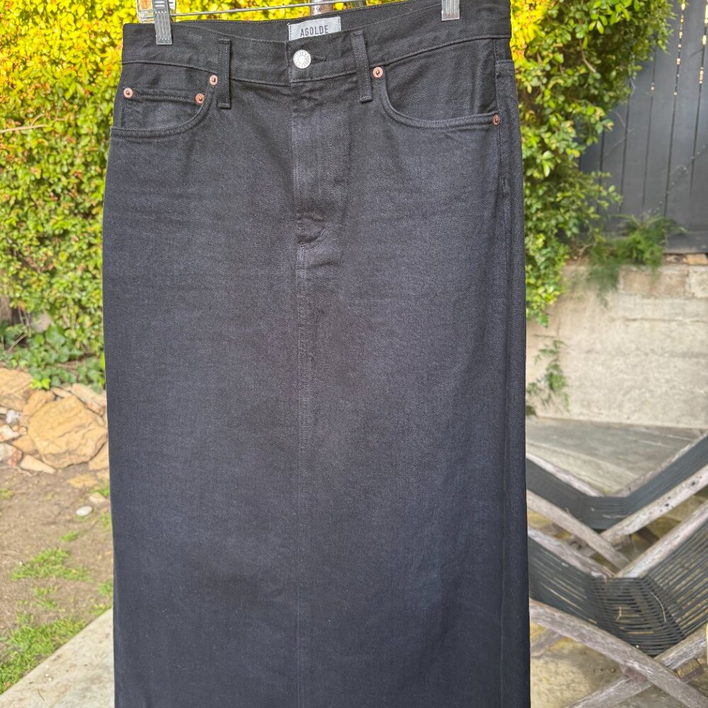 AGolde black denim long skirt with raw distressed hem